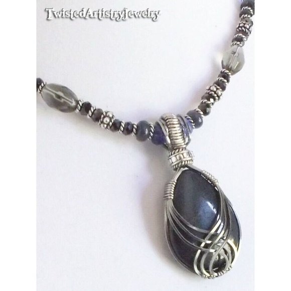 Beaded Necklace with Blue Jasper Wire Wrapped Pendant Handmade - Picture 2 of 3